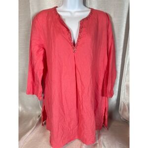 EILEEN FISHER Coral Linen Blend Tunic Top‎ Embellished V Neck 3/4 Sleeve